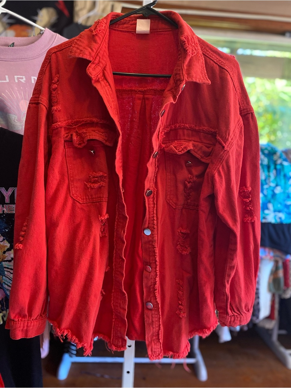 Red Distressed Women's Jacket - Casual Oversized Shacket